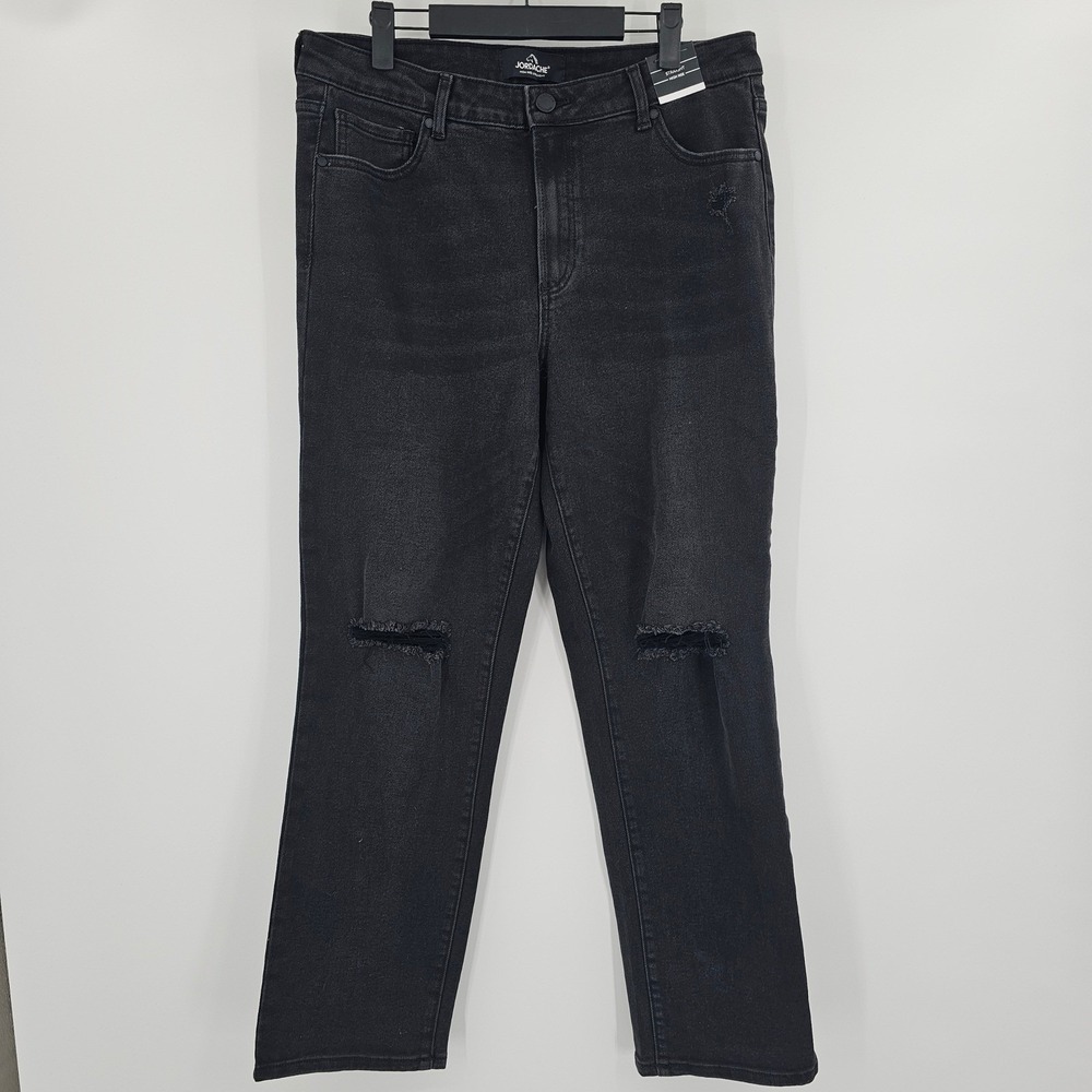 NEW Jordache Womens Black High Rise‎ Straight Leg Jeans Distressed Size 14